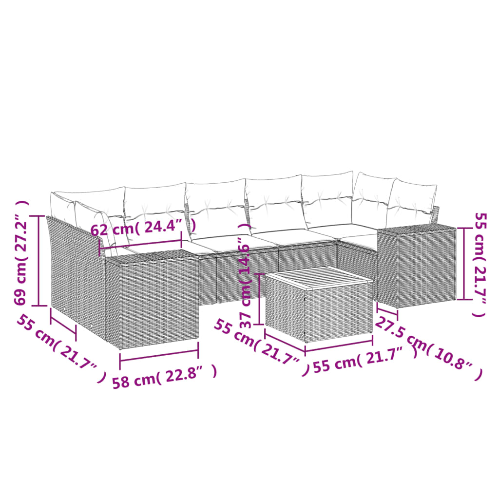 8-tlg. Garten-Sofagarnitur mit Kissen Grau Poly Rattan