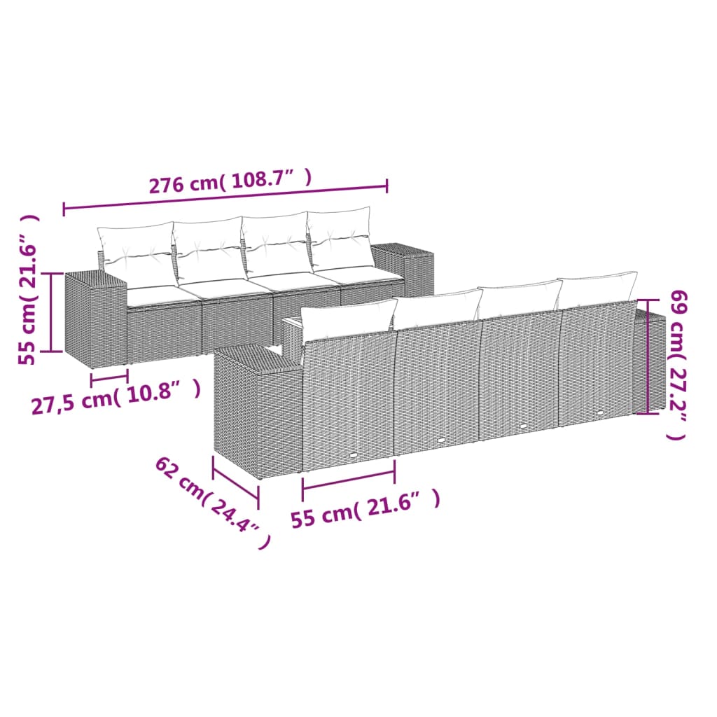 9-tlg. Garten-Sofagarnitur mit Kissen Grau Poly Rattan