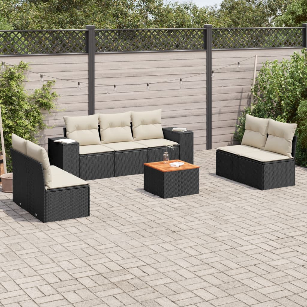 8-piece garden sofa set with cushions, black poly rattan