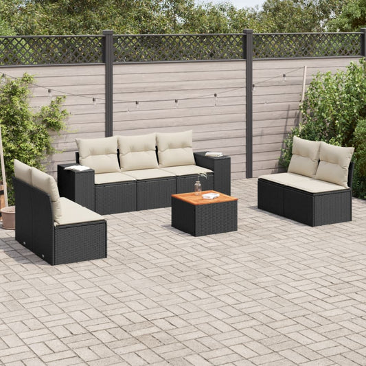 8-piece garden sofa set with cushions, black poly rattan