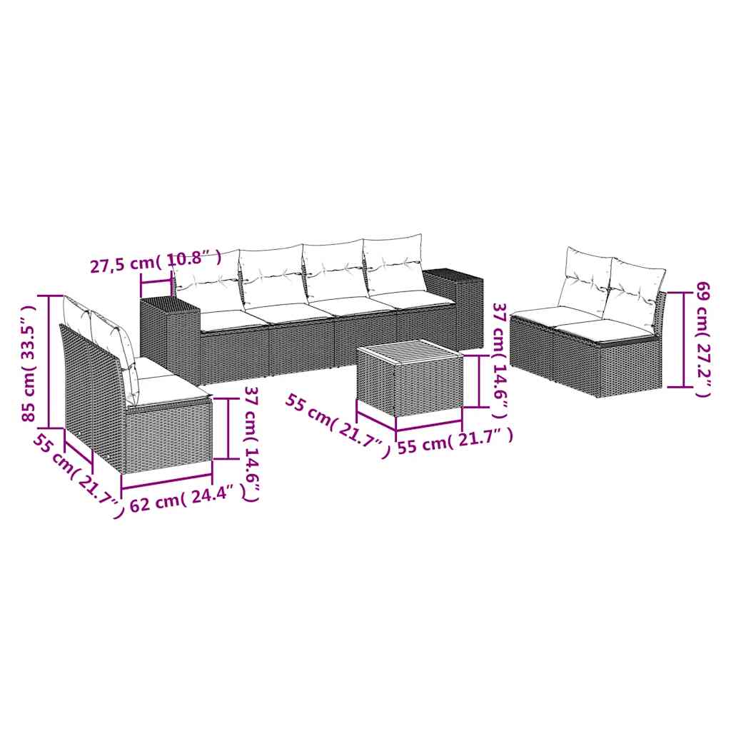 9-tlg. Garten-Sofagarnitur mit Kissen Schwarz Poly Rattan