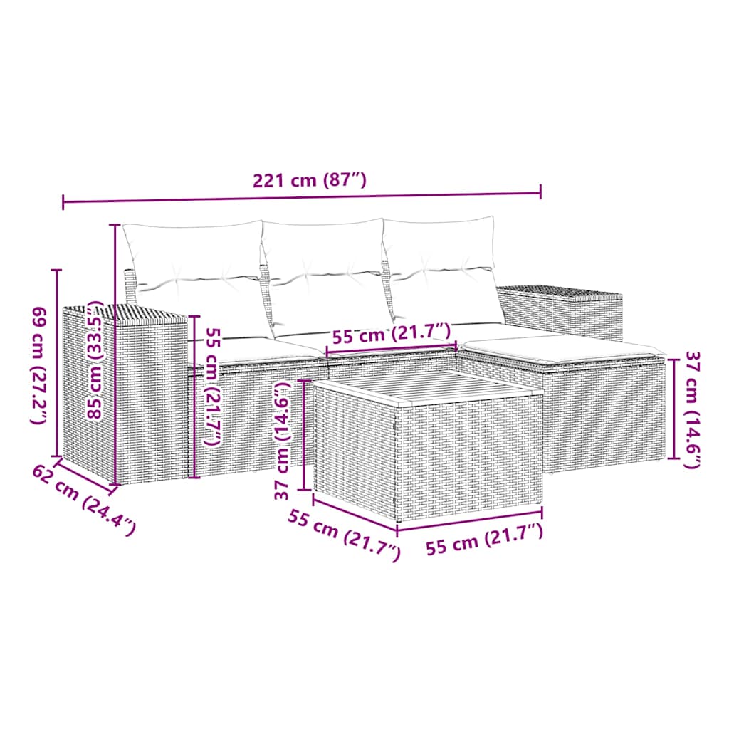 5-tlg. Garten-Sofagarnitur mit Kissen Schwarz Poly Rattan
