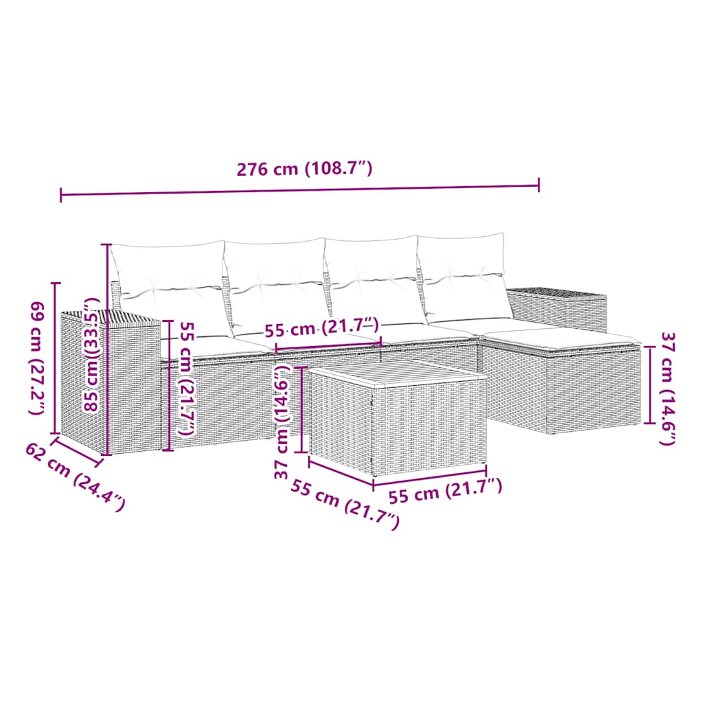 6-tlg. Garten-Sofagarnitur mit Kissen Schwarz Poly Rattan