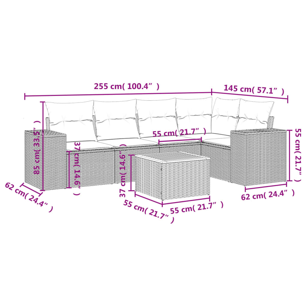 6-tlg. Garten-Sofagarnitur mit Kissen Grau Poly Rattan