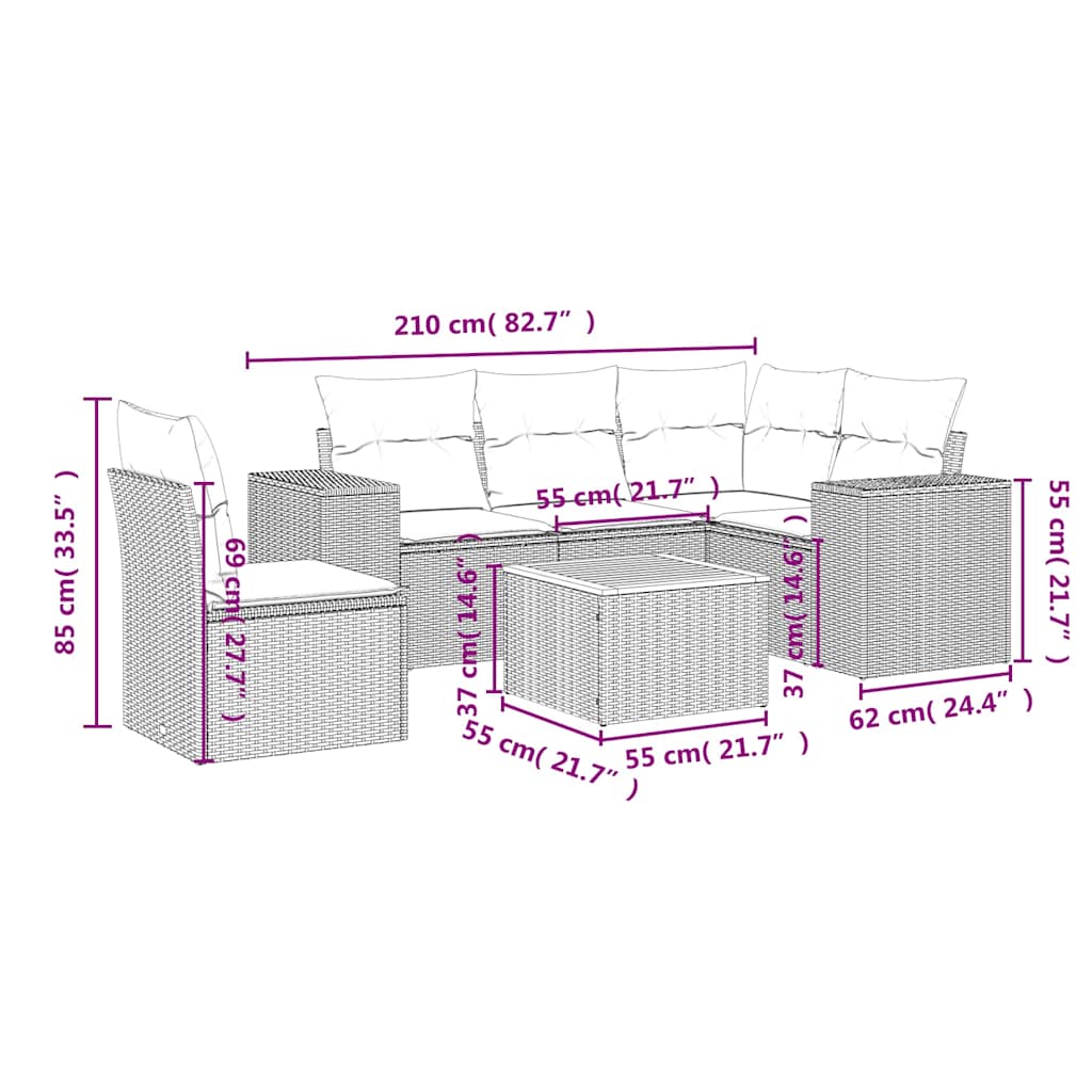 6-tlg. Garten-Sofagarnitur mit Kissen Schwarz Poly Rattan