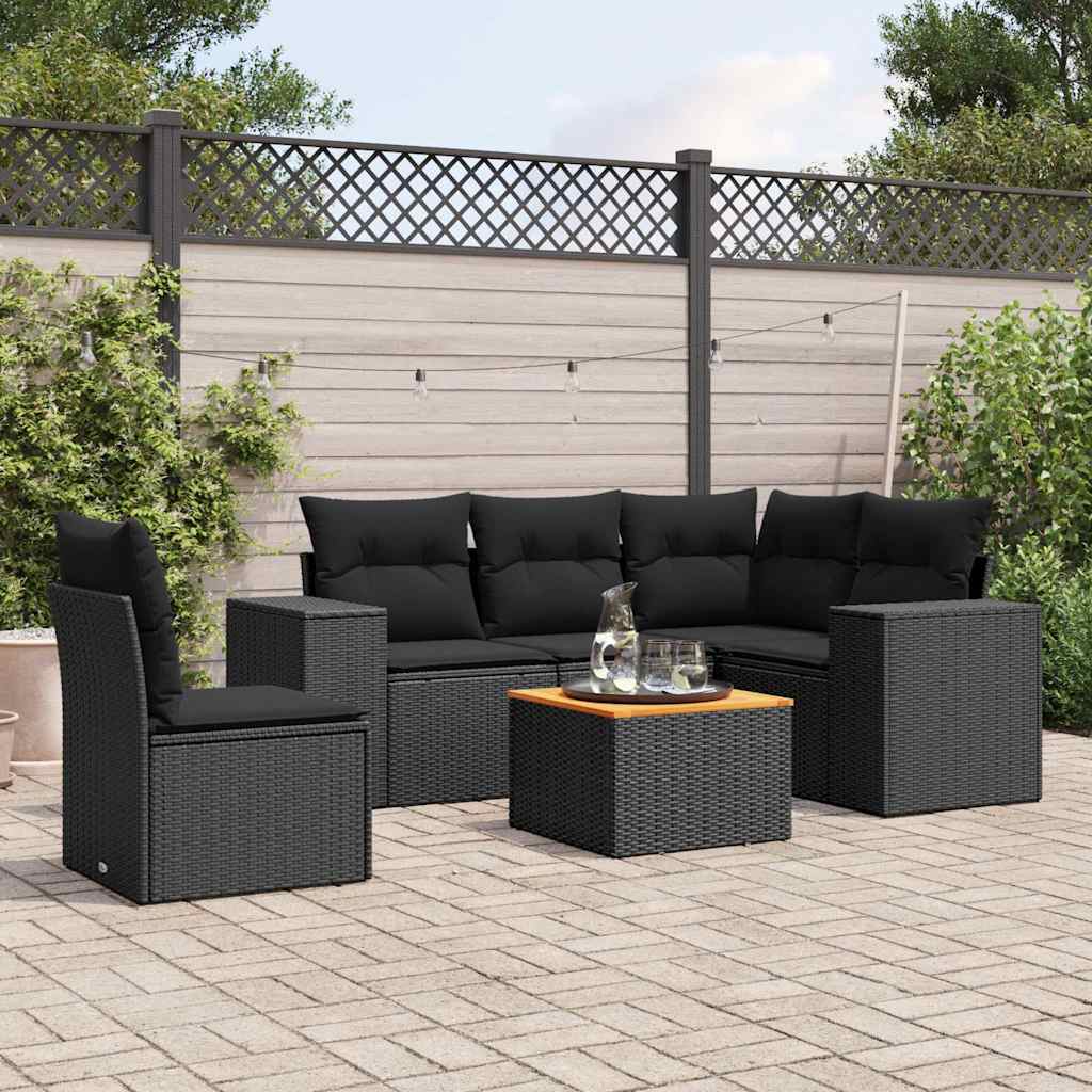 6-tlg. Garten-Sofagarnitur mit Kissen Schwarz Poly Rattan