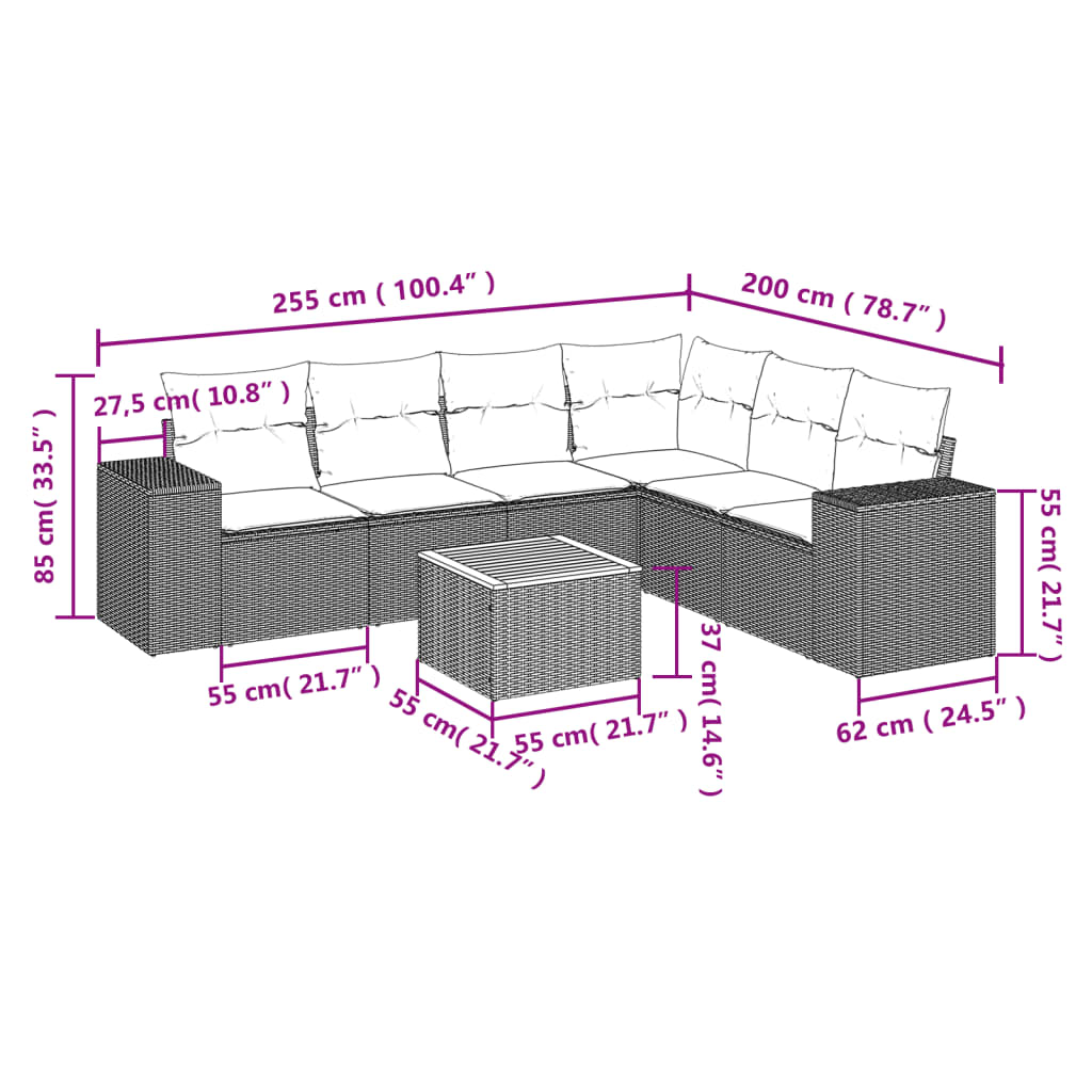7-tlg. Garten-Sofagarnitur mit Kissen Grau Poly Rattan