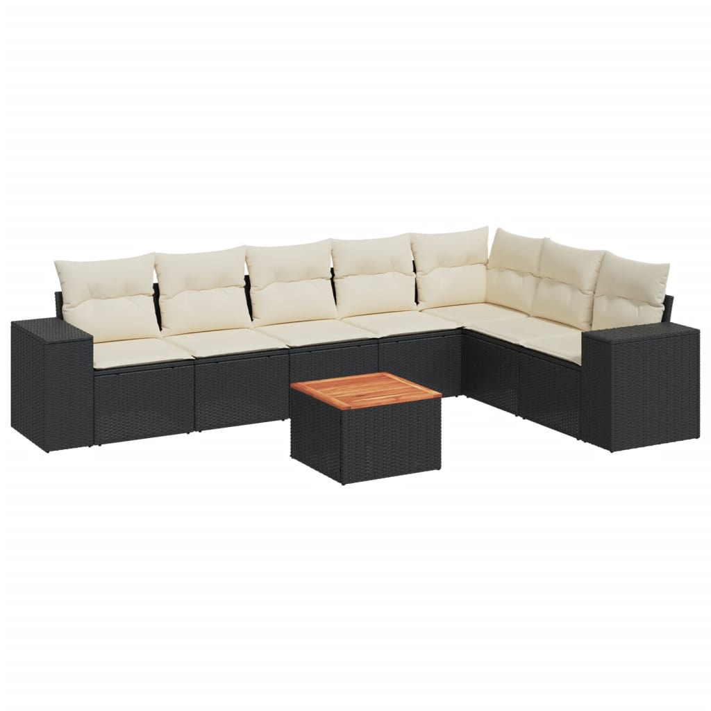 8-piece garden sofa set with cushions, black poly rattan
