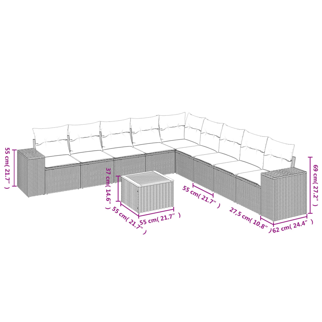 10-tlg. Garten-Sofagarnitur mit Kissen Beige Poly Rattan