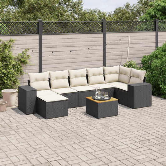 8-piece garden sofa set with cushions, black poly rattan