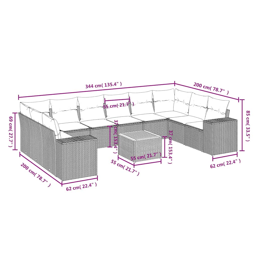 11-tlg. Garten-Sofagarnitur mit Kissen Schwarz Poly Rattan