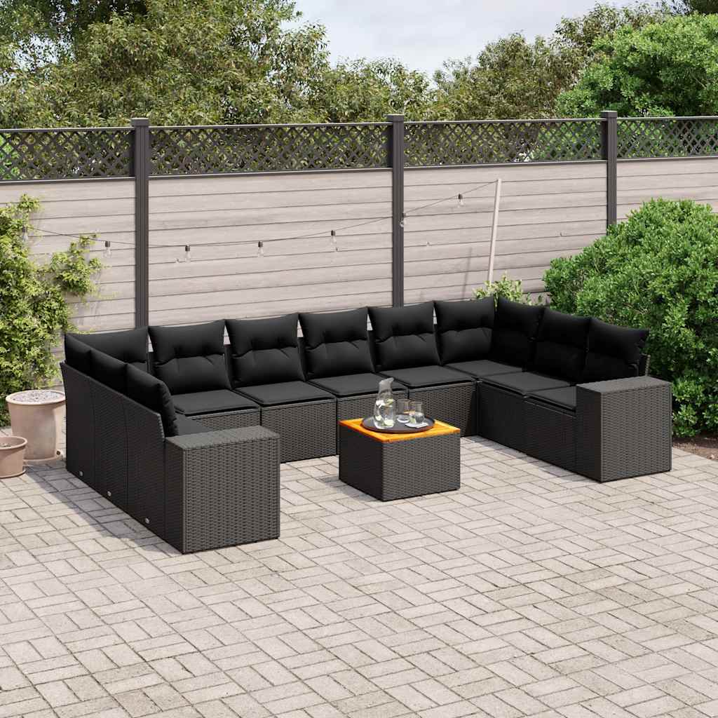 11-tlg. Garten-Sofagarnitur mit Kissen Schwarz Poly Rattan
