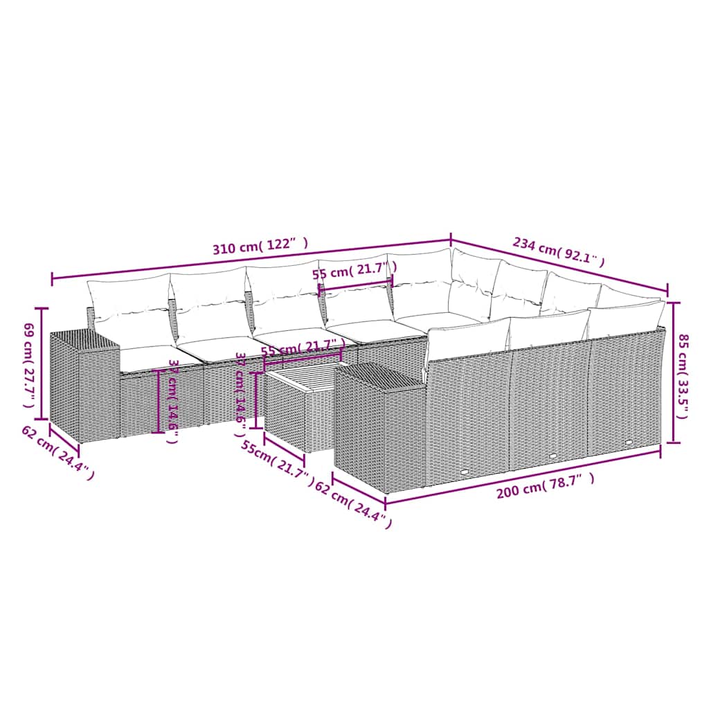 11-tlg. Garten-Sofagarnitur mit Kissen Schwarz Poly Rattan