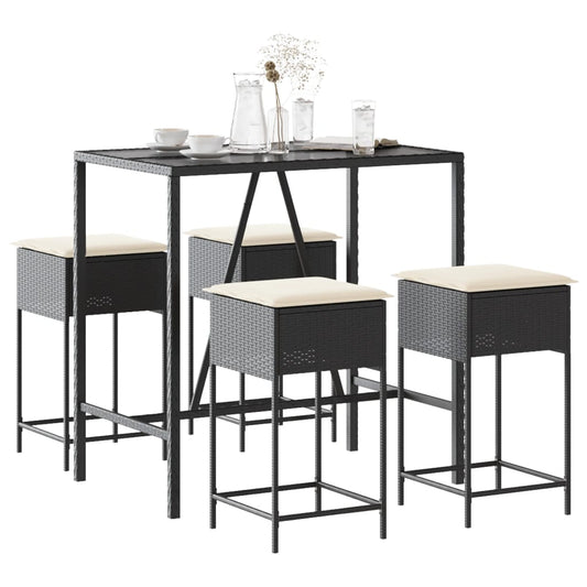 5-tlg. Gartenbar-Set mit Kissen Schwarz Poly Rattan