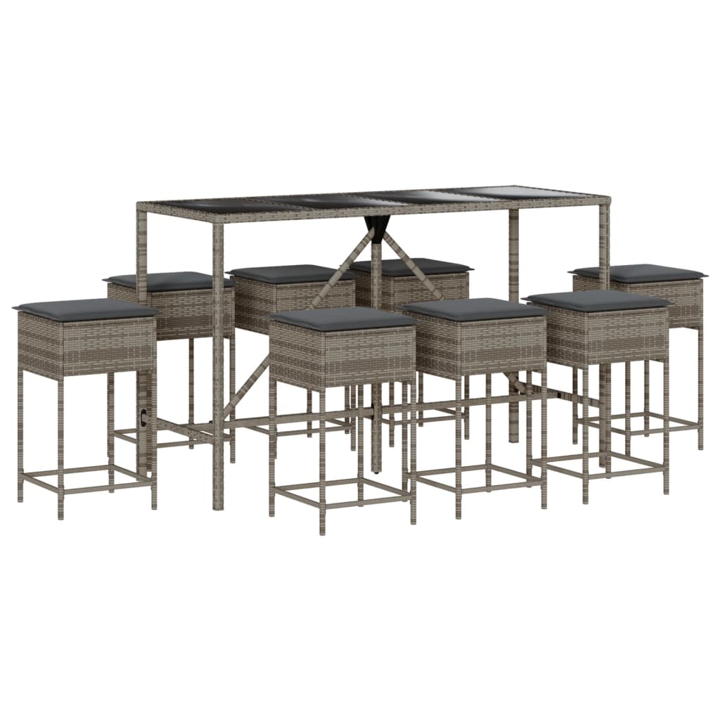 9-tlg. Gartenbar-Set mit Kissen Grau Poly Rattan