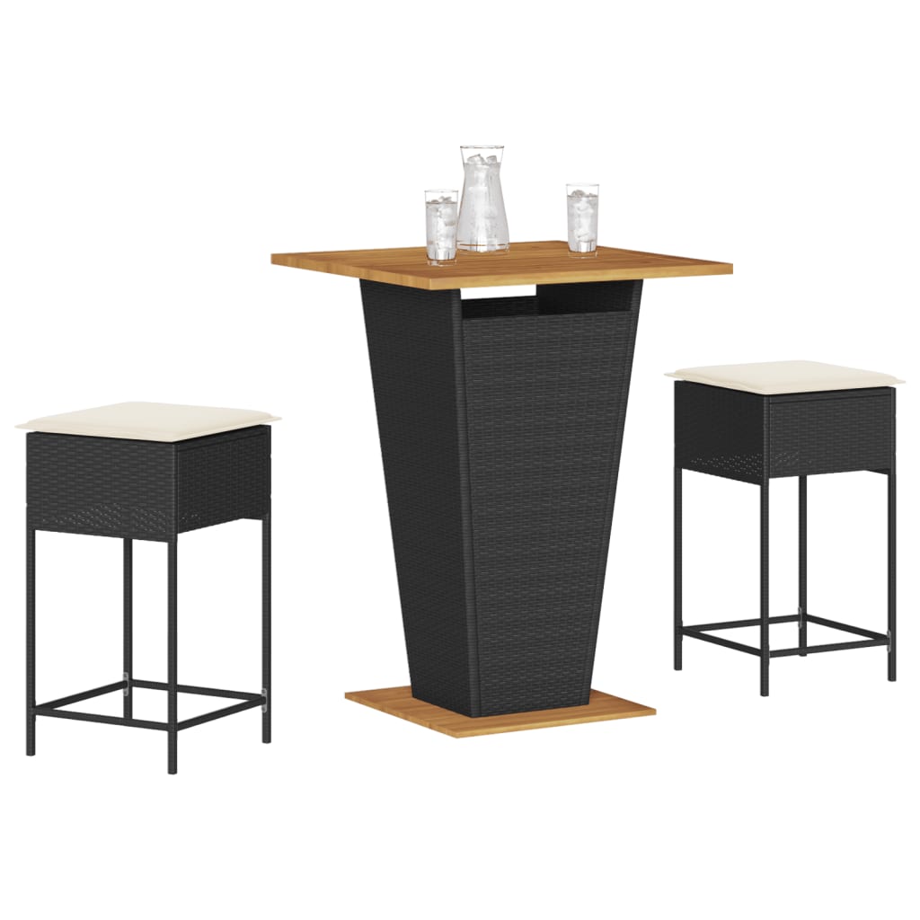3-tlg. Gartenbar-Set mit Kissen Schwarz Poly Rattan