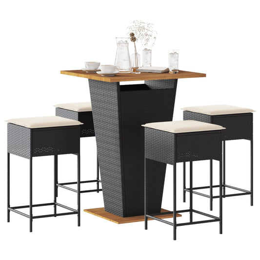 5-tlg. Gartenbar-Set mit Kissen Schwarz Poly Rattan