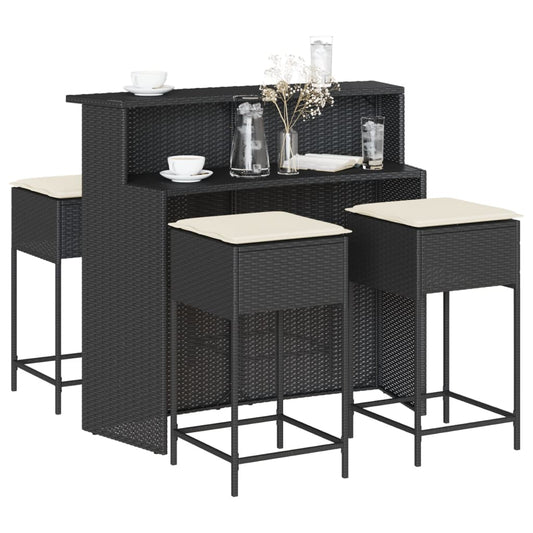 5-tlg. Gartenbar-Set mit Kissen Schwarz Poly Rattan