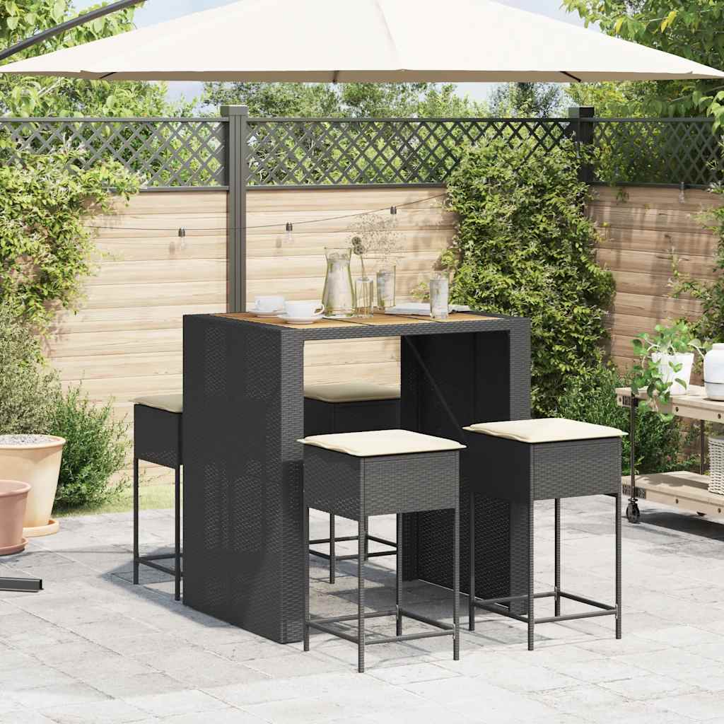 5-tlg. Gartenbar-Set mit Kissen Schwarz Poly Rattan
