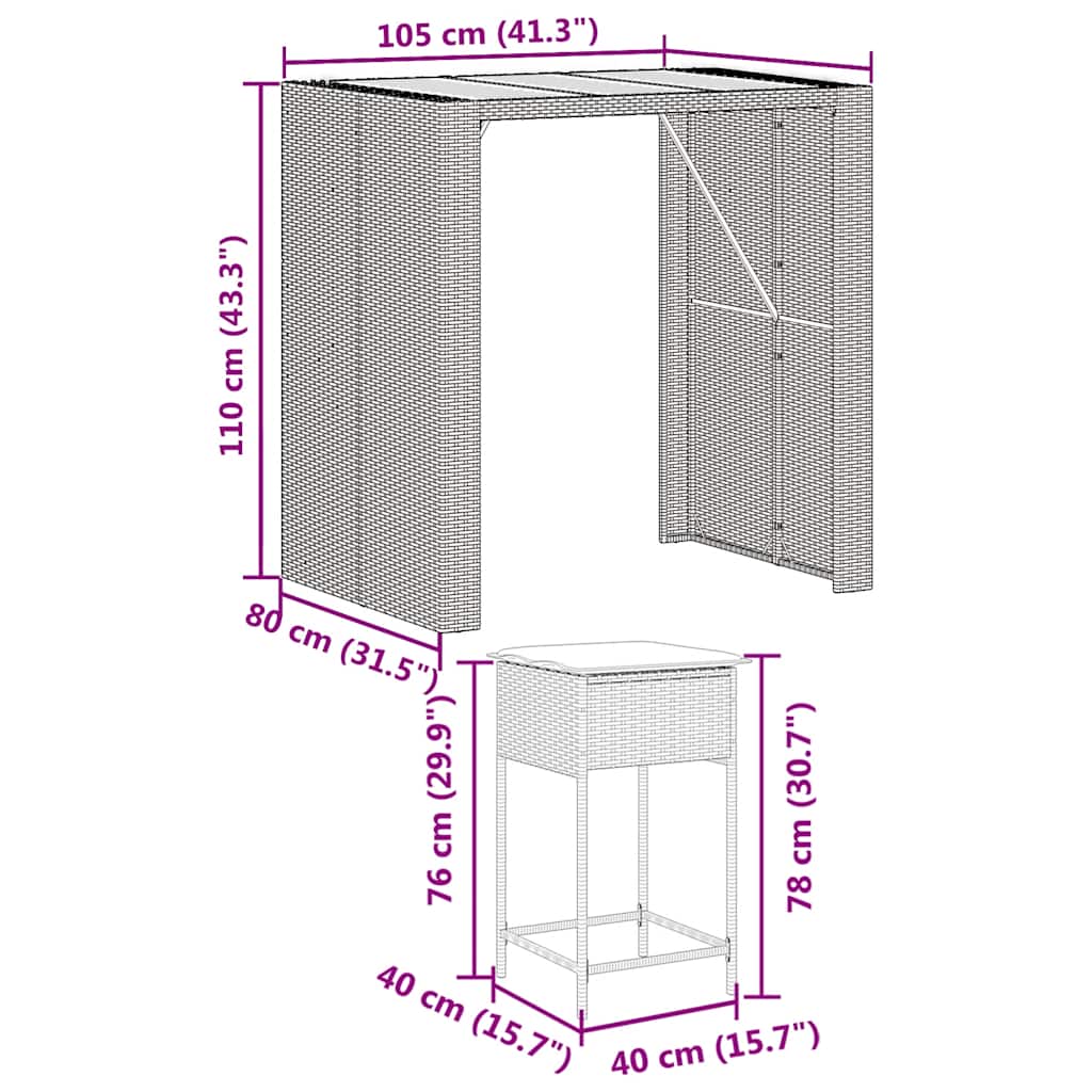 5-tlg. Gartenbar-Set mit Kissen Schwarz Poly Rattan