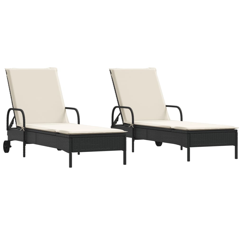 Chaises longues avec coussins, 2 pièces, en résine tressée noire