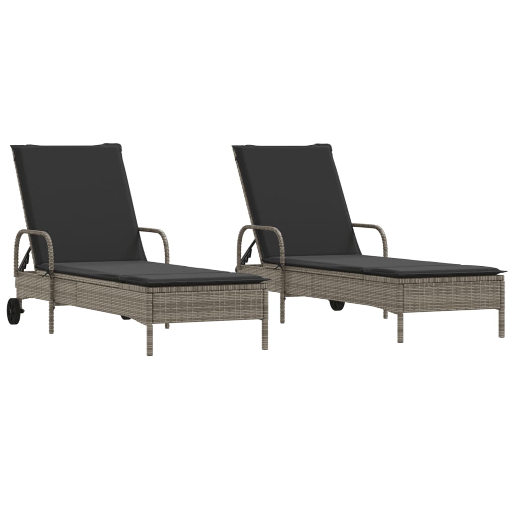 Chaises longues avec coussins, lot de 2, en résine tressée grise