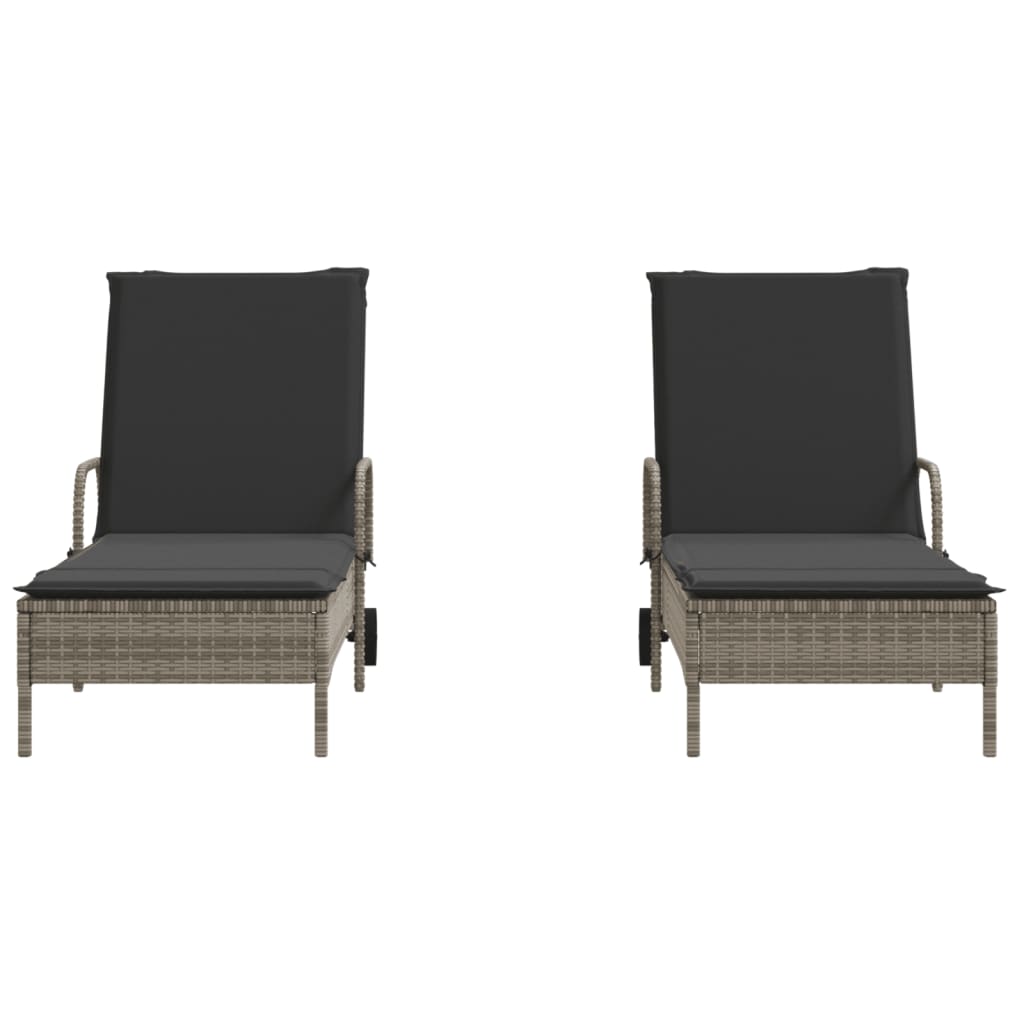Chaises longues avec coussins, lot de 2, en résine tressée grise