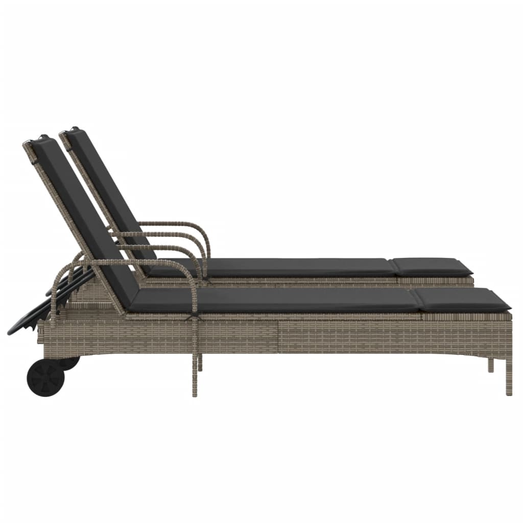 Chaises longues avec coussins, lot de 2, en résine tressée grise