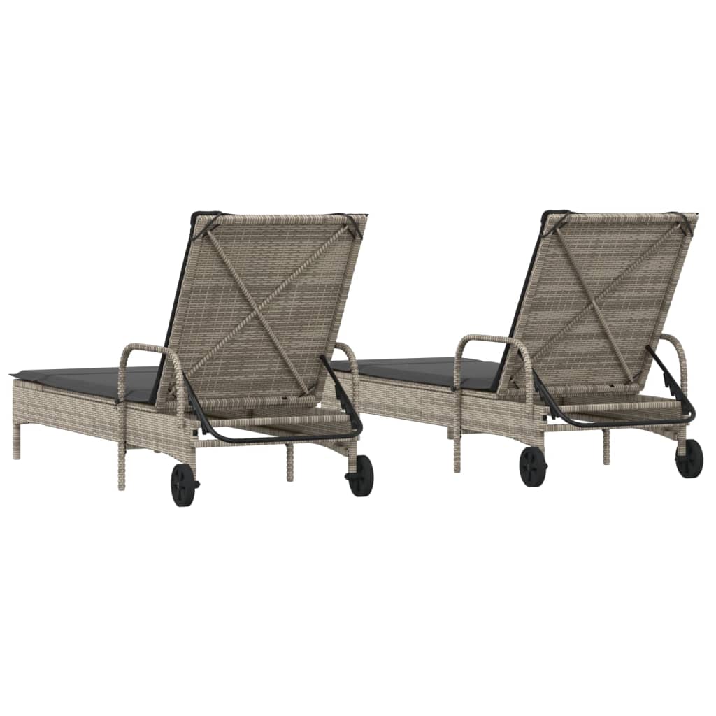 Chaises longues avec coussins, lot de 2, en résine tressée grise