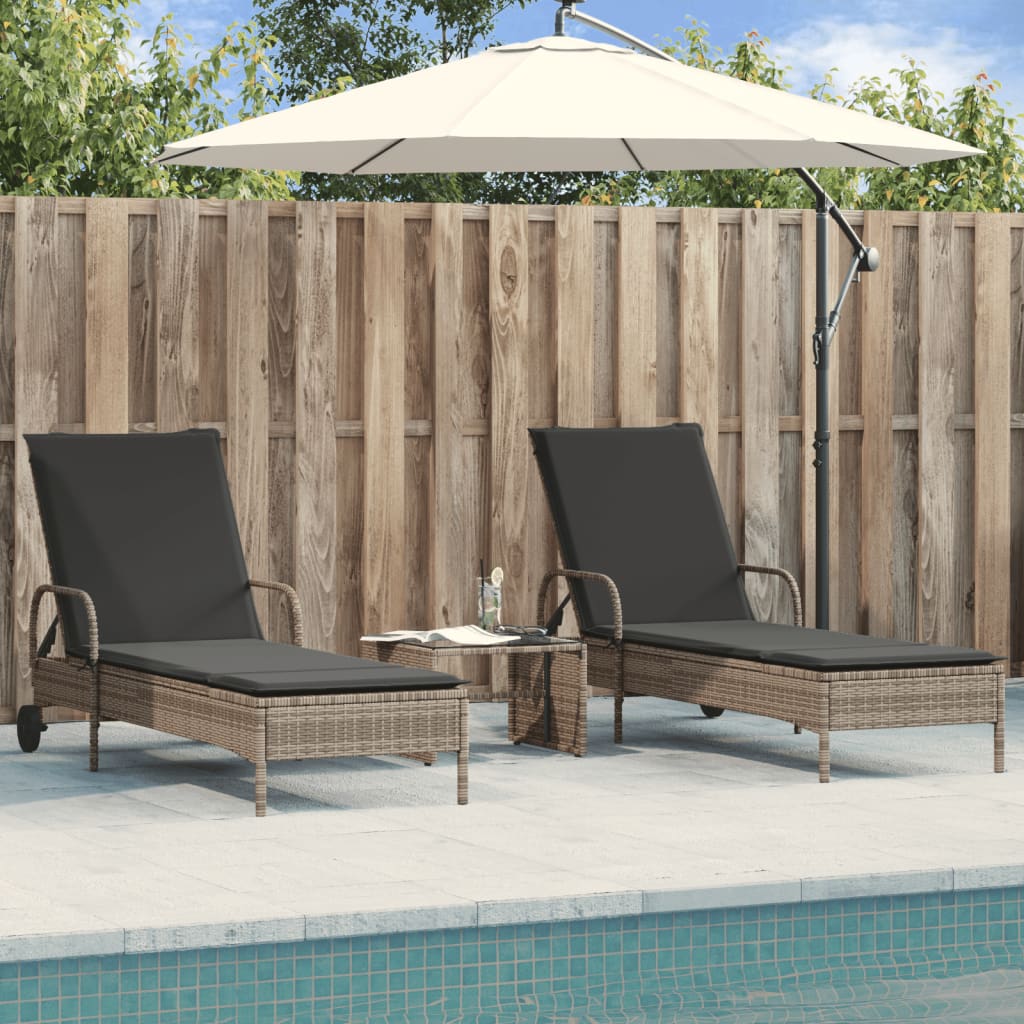 Chaises longues avec coussins, lot de 2, en résine tressée grise