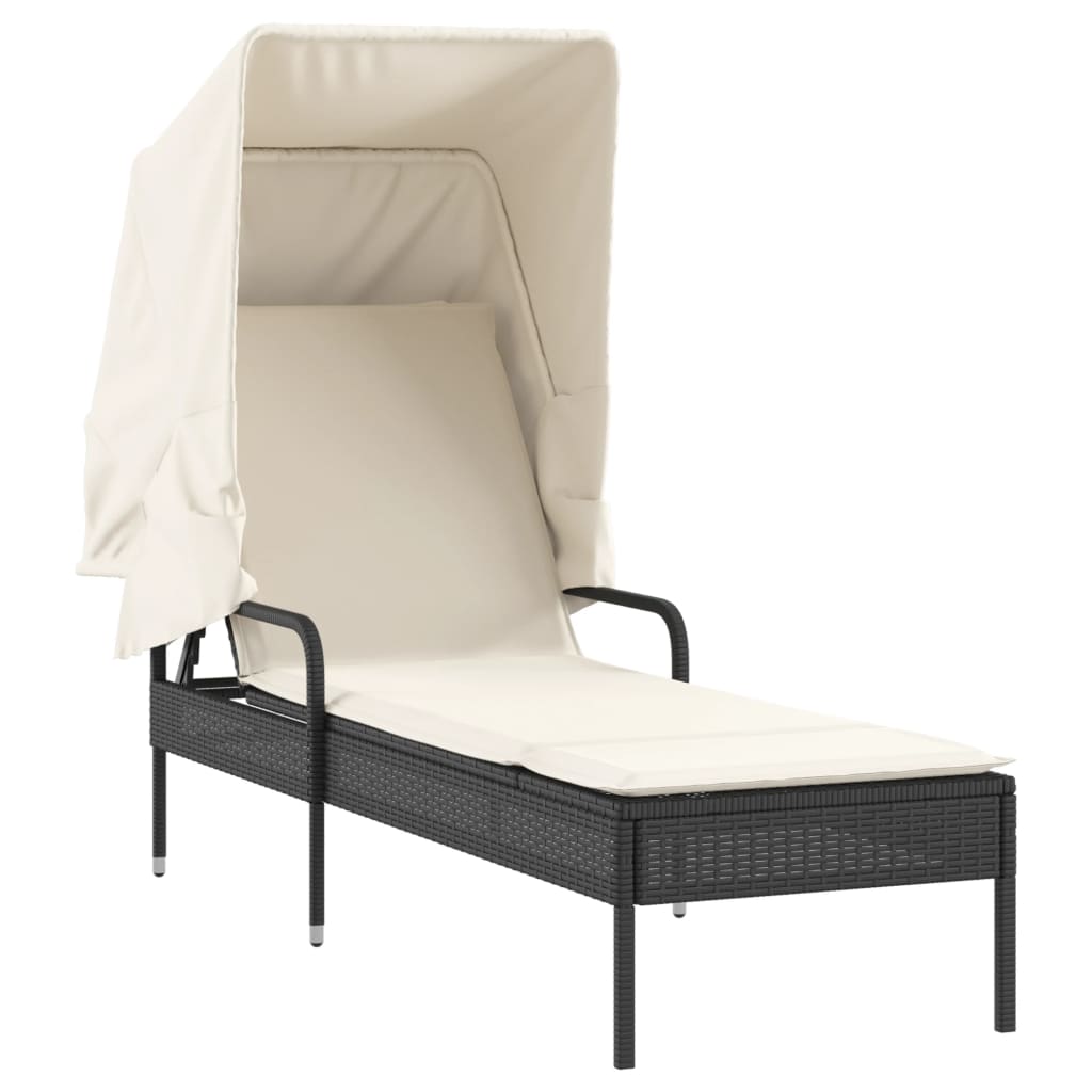 Sun loungers 2 pcs. with roof and table black poly rattan