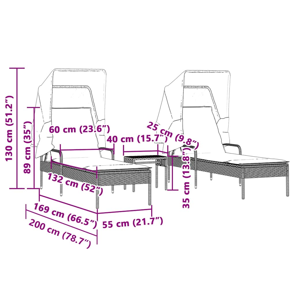 Sonnenliegen 2 Stk. mit Dach und Tisch Schwarz Poly-Rattan