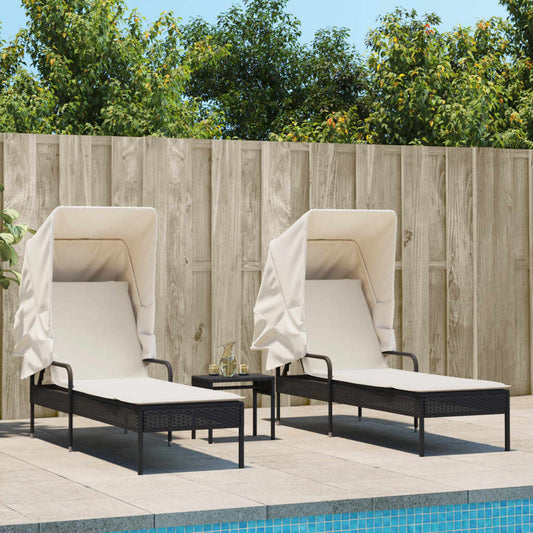 Chaises longues 2 pièces avec toit et table en résine tressée noire
