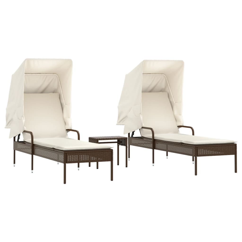 Sun loungers 2 pcs. with roof and table brown poly rattan