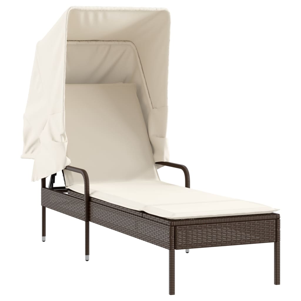 Sun loungers 2 pcs. with roof and table brown poly rattan