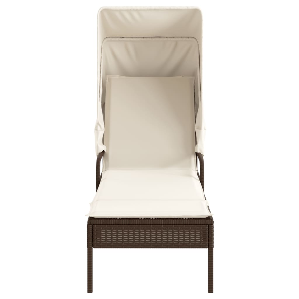 Sun loungers 2 pcs. with roof and table brown poly rattan
