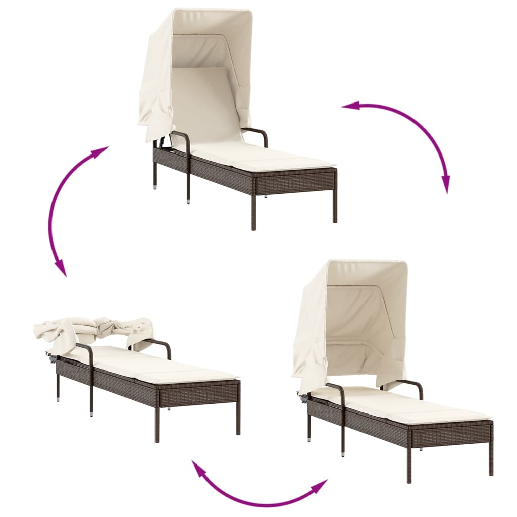 Sun loungers 2 pcs. with roof and table brown poly rattan