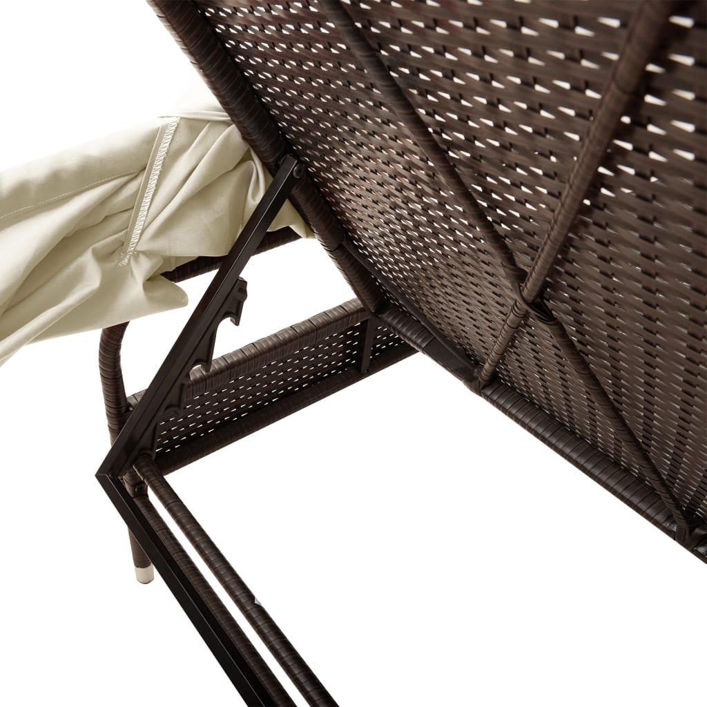 Sun loungers 2 pcs. with roof and table brown poly rattan
