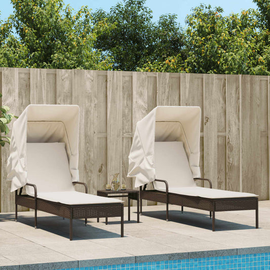 Chaises longues 2 pièces avec toit et table en résine tressée marron