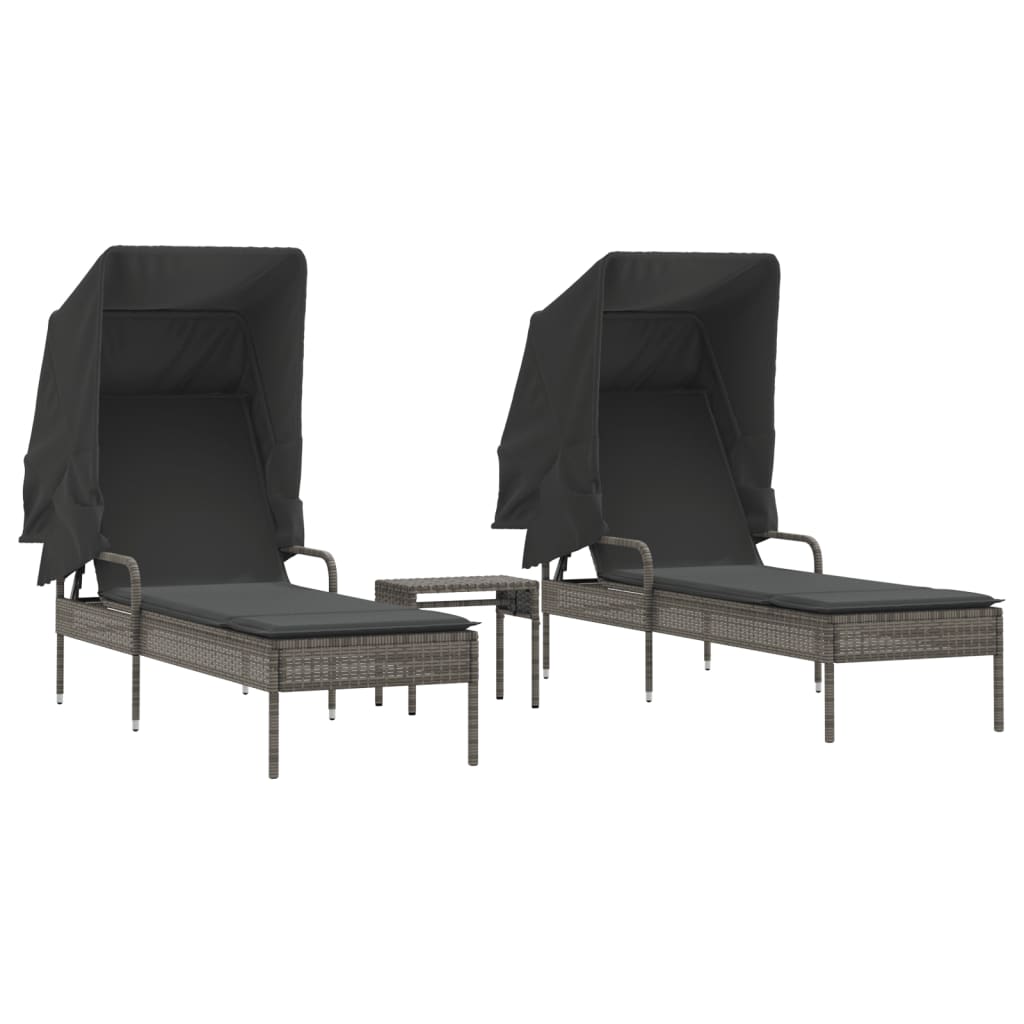 Chaises longues 2 pièces avec toit et table en résine tressée grise