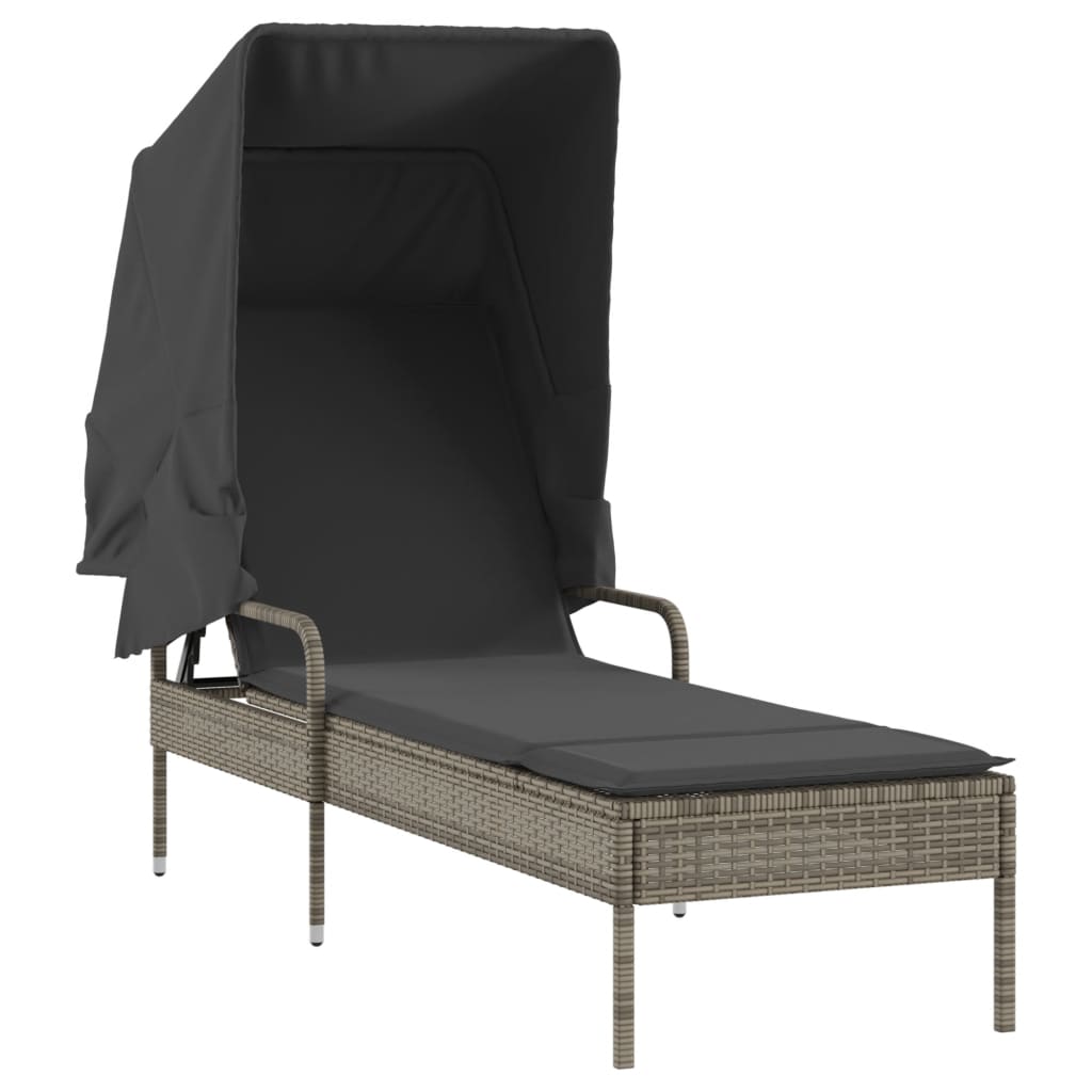 Chaises longues 2 pièces avec toit et table en résine tressée grise