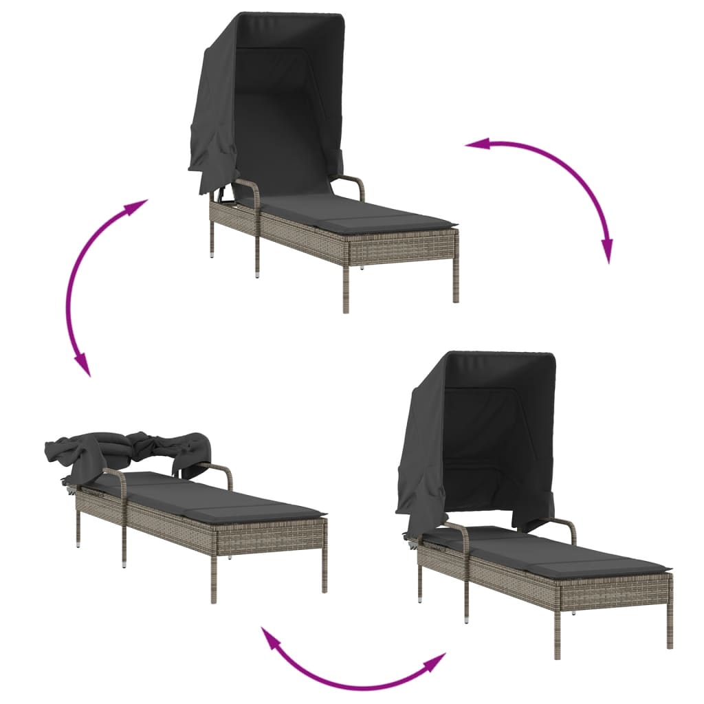 Chaises longues 2 pièces avec toit et table en résine tressée grise