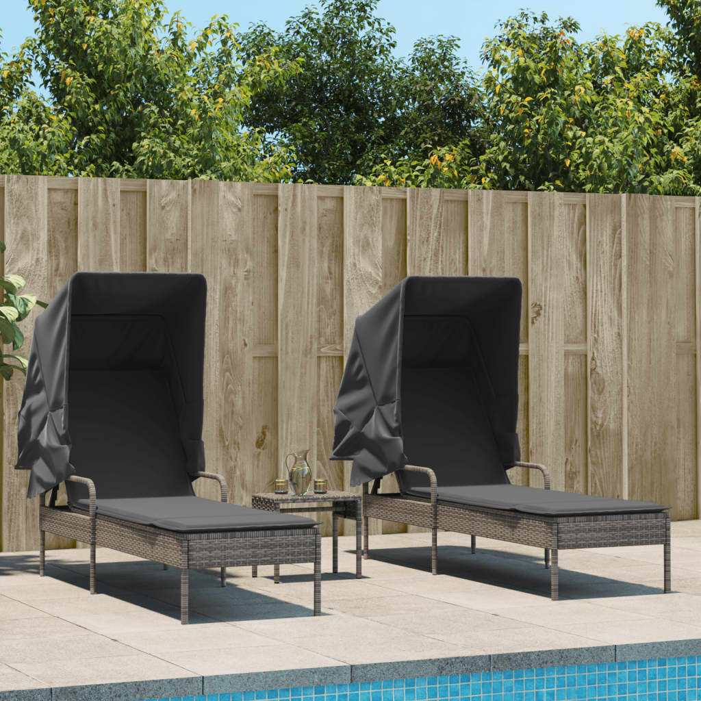 Chaises longues 2 pièces avec toit et table en résine tressée grise