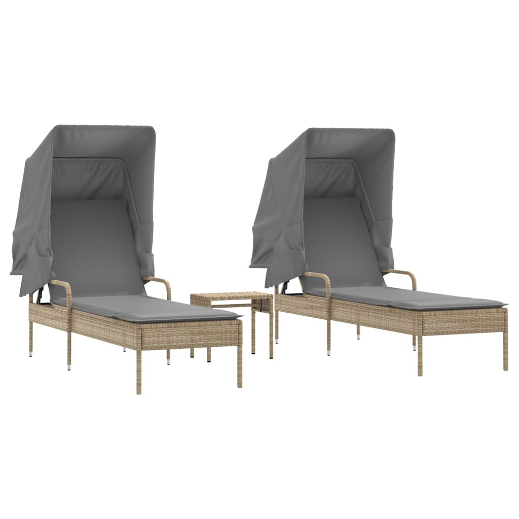 Sun loungers 2 pcs. with roof and table beige poly rattan
