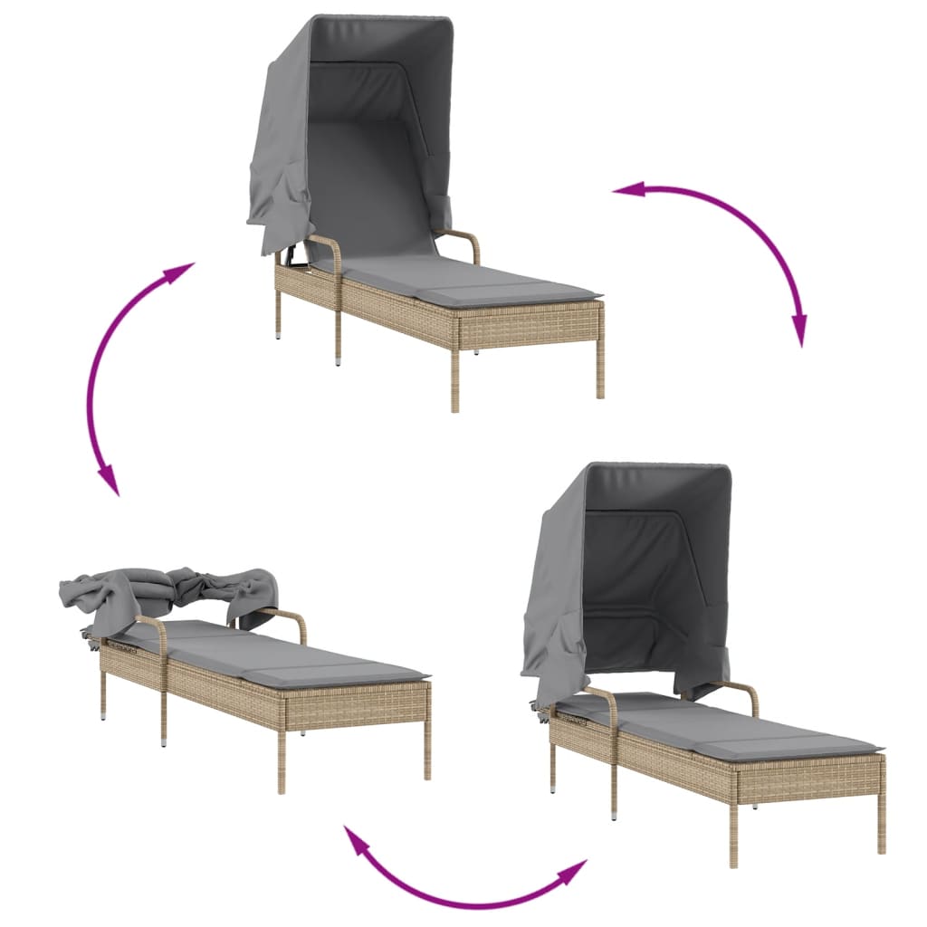 Sun loungers 2 pcs. with roof and table beige poly rattan