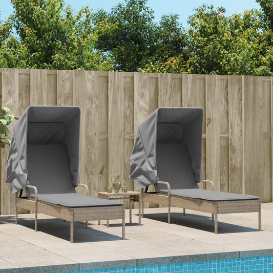 Chaises longues 2 pièces avec toit et table en résine tressée beige