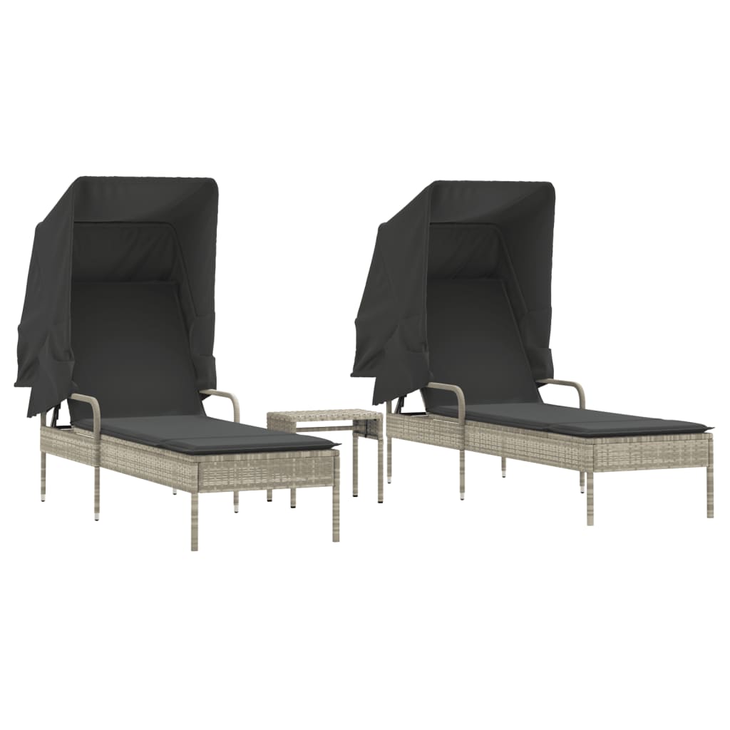 Chaises longues 2 pièces avec toit et table en résine tressée gris clair