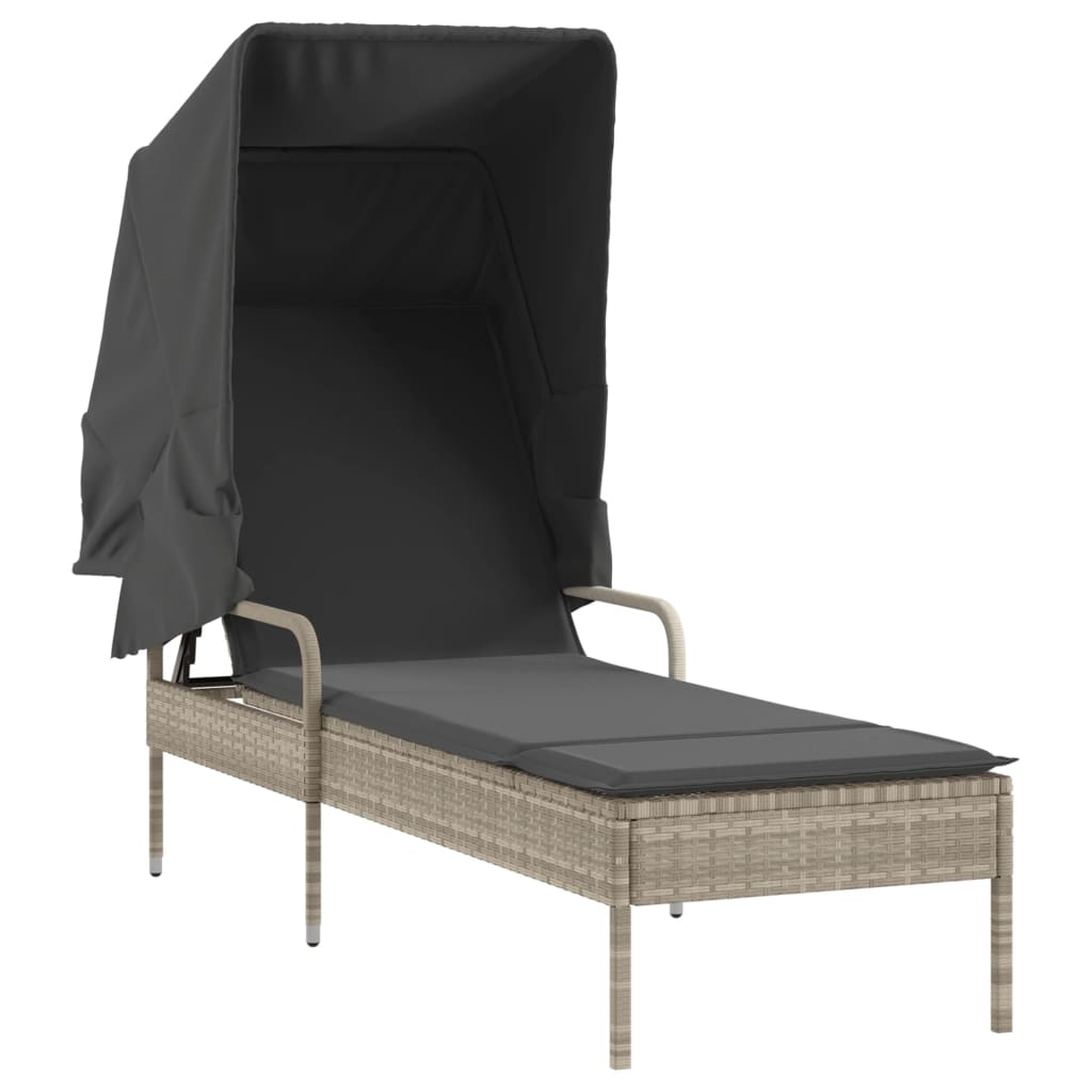 Chaises longues 2 pièces avec toit et table en résine tressée gris clair