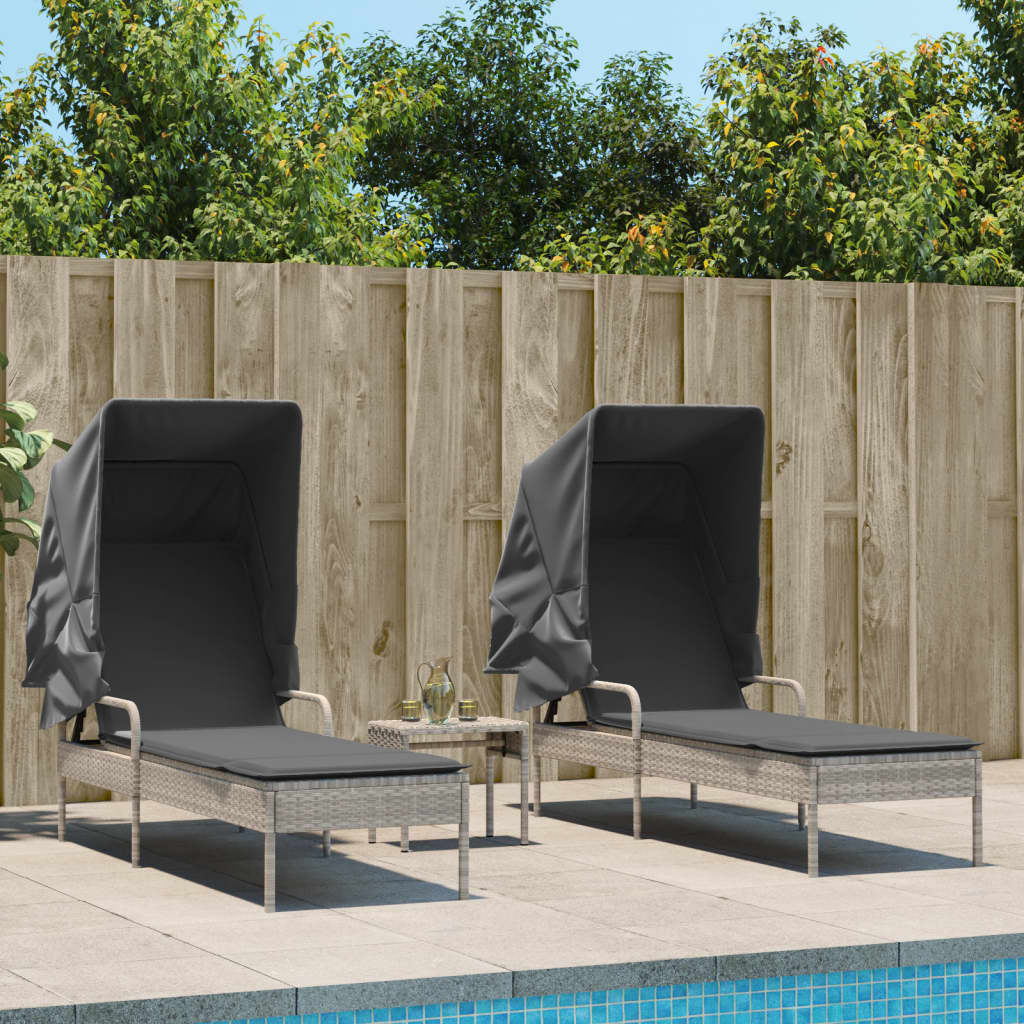 Chaises longues 2 pièces avec toit et table en résine tressée gris clair