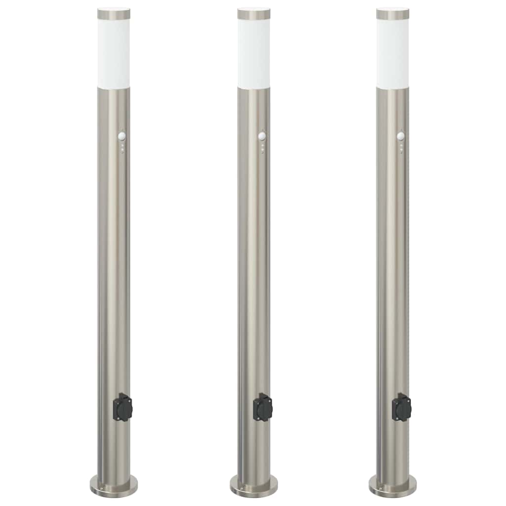 Pollerleuchten mit Sensor&Steckdose 3er 110 cm Edelstahl IP44